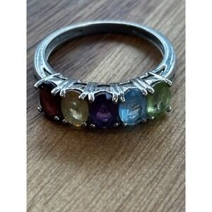 Vintage Sterling Silver Rainbow Semi Precious Gemstone Band Ring Size 7